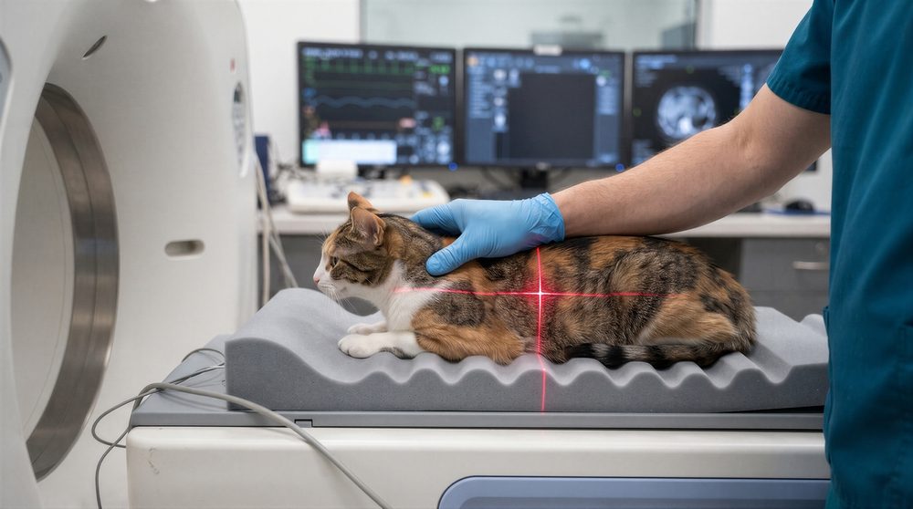 Chat positionné pour un scanner vétérinaire avec système d’alignement laser - Cabinet vétérinaire à Liège